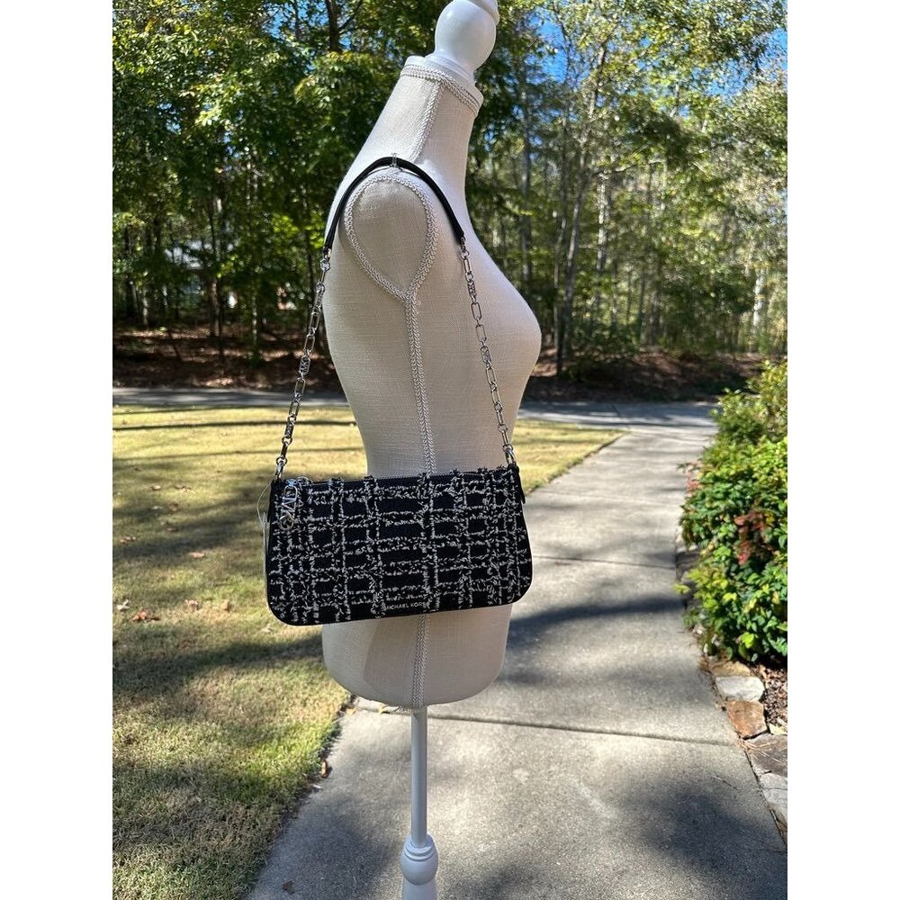 Michael Kors Empire Medium Frayed Black Denim Chain-Link Pouchette  32S4S8EW6C
